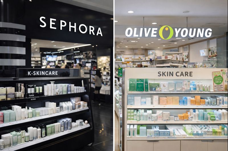 Interior view of a Sephora store featuring a K-Skincare section with various skincare products displayed on shelves.