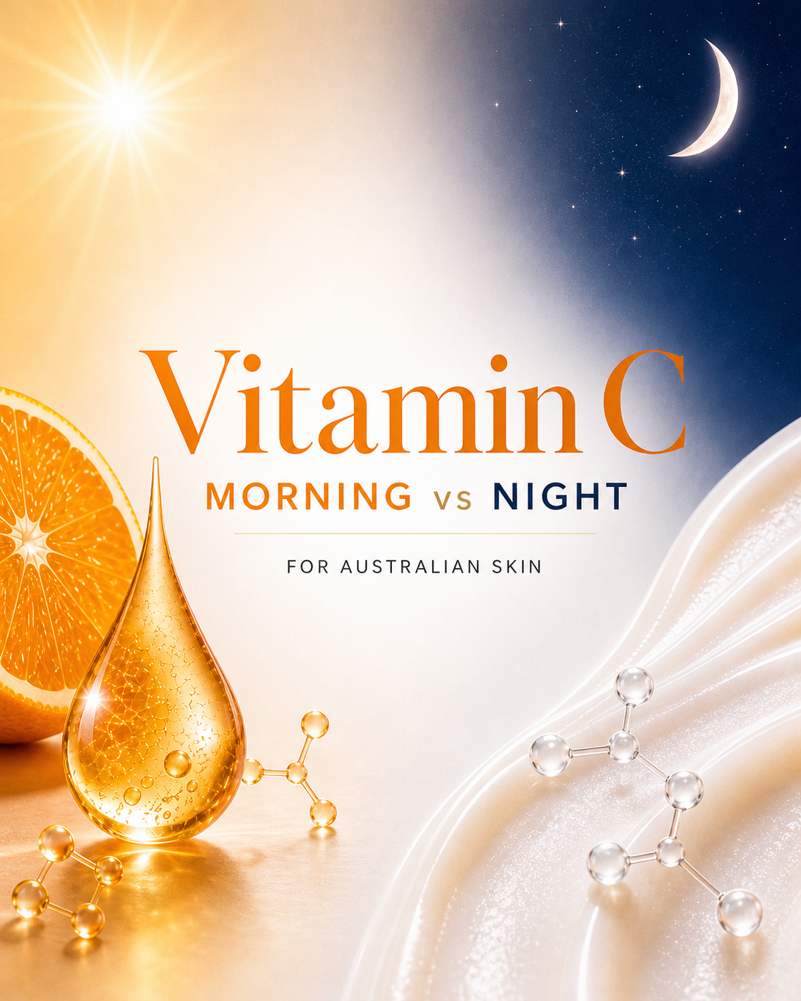 Vitamin C skincare hero image showing morning vs night use for Australian skin with an orange serum drop, sun, moon, and brightening versus repair concept.
